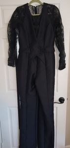 ZUHAIR MURAD black satin and lace jumpsuit. Formal/semi-formal. Belted
